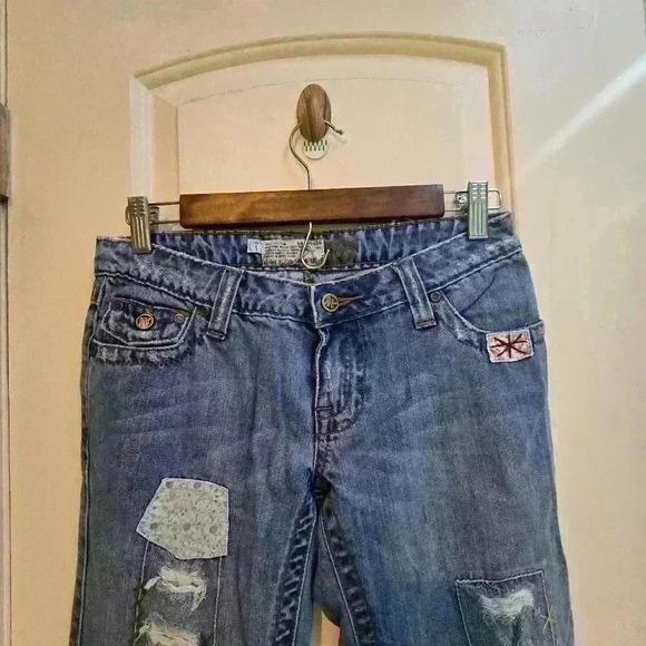 P7028 american rag cie light wash festival patchwork straight leg size 1 - Picture 3 of 9